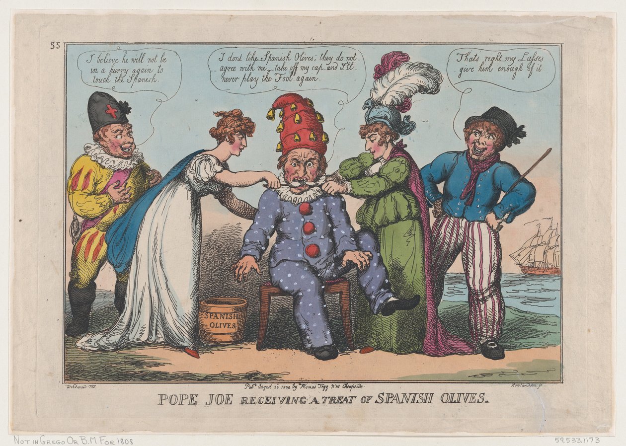Påven Joe tar emot en behandling av spanska oliver, 23 augusti 1808., 23 augusti 1808. av Thomas Rowlandson