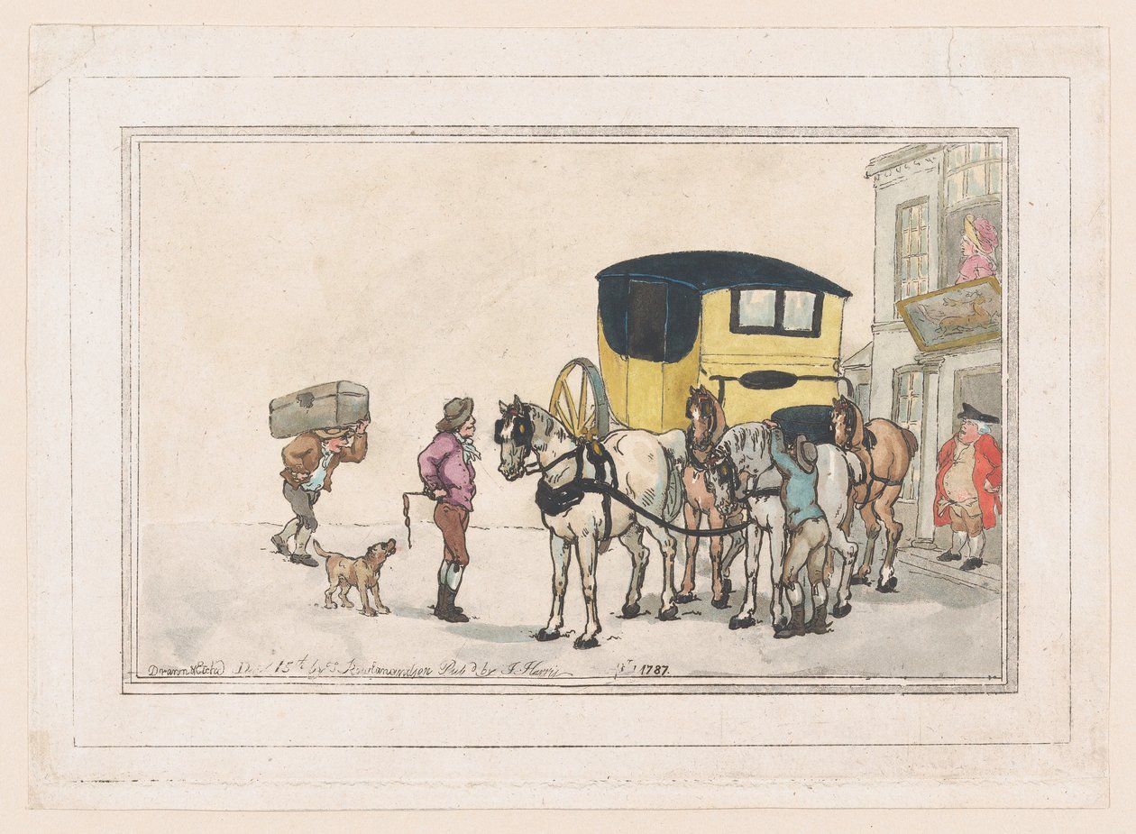 Postpojkar och posthästar på White Hart Inn, 15 december 1787, 15 december 1787. av Thomas Rowlandson