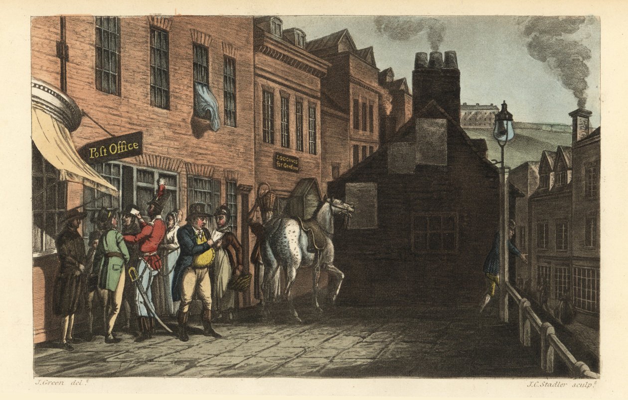 Postkontor: Turister hämtar post på postkontoret i Scarborough av Thomas Rowlandson