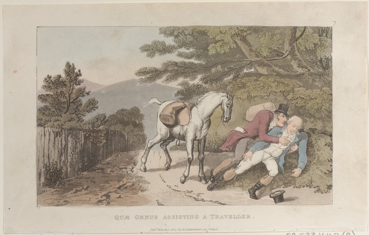 Quae Genus Assisting a Traveller, från The History of Johnny Quae Genus, The Litt..., 1 mars 1822. av Thomas Rowlandson