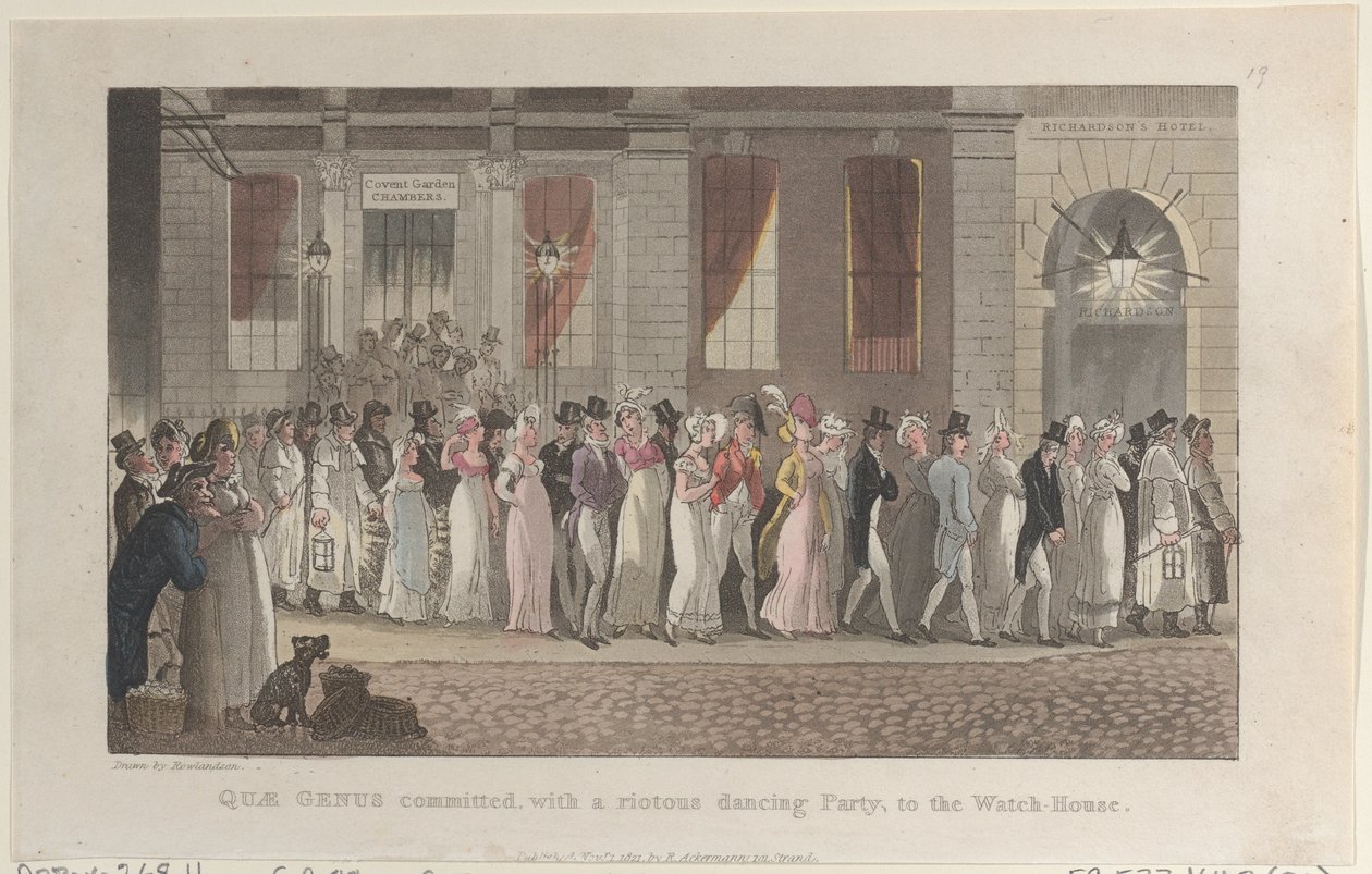 Quae Genus begått, med ett upproriskt dansparty, till Watch-House, från ..., 1 november 1821. av Thomas Rowlandson