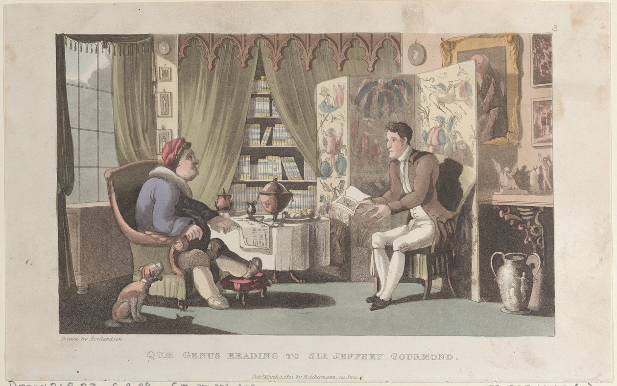 Quae Genus Reading till Sir Jeffery Gourmand, från The History of Johnny Quae Genu..., 1 mars 1822. av Thomas Rowlandson