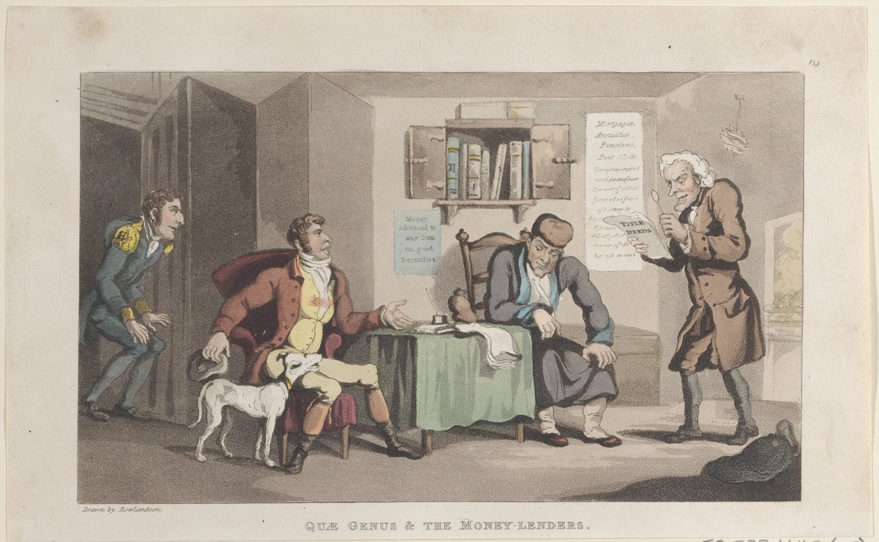 Quae Genus & The Money Lenders, från The History of Johnny Quae Genus, The L..., 1 september 1821. av Thomas Rowlandson