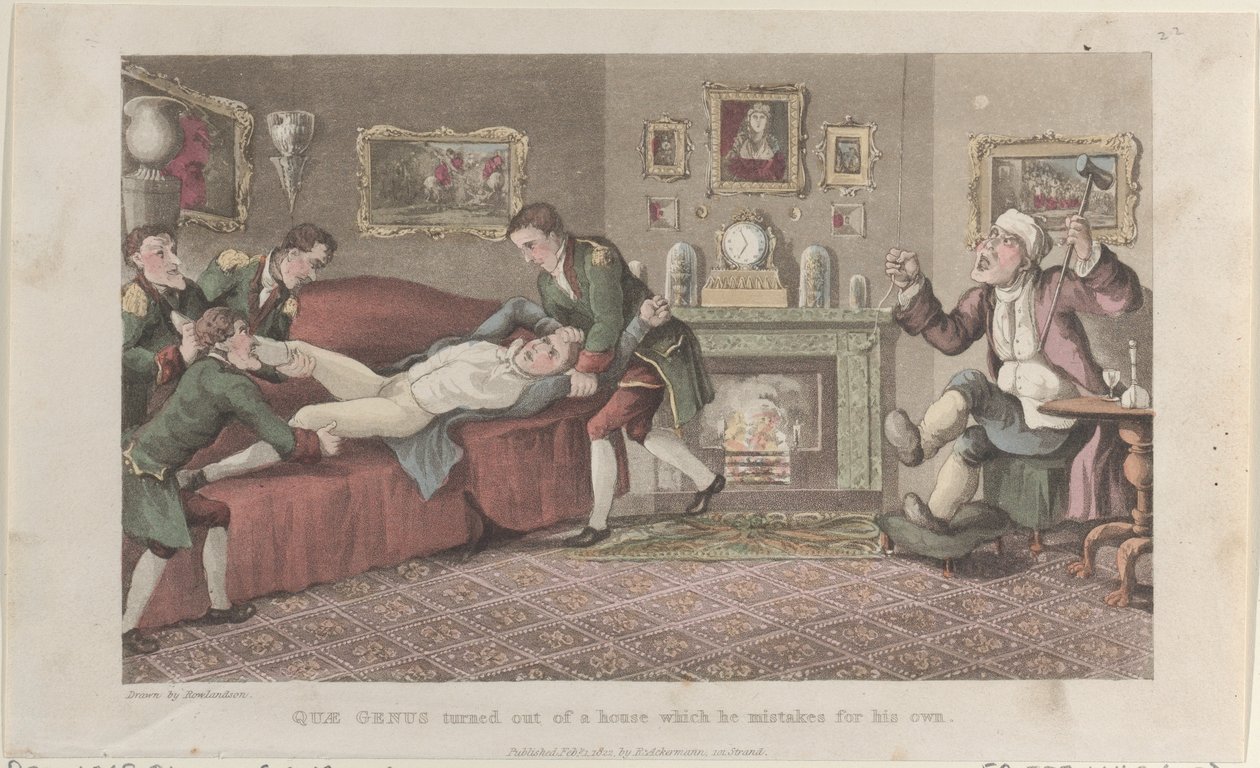 Quae Genus vände ut ur ett hus som han misstar för sitt eget, från The Hist..., 1 februari 1822. av Thomas Rowlandson