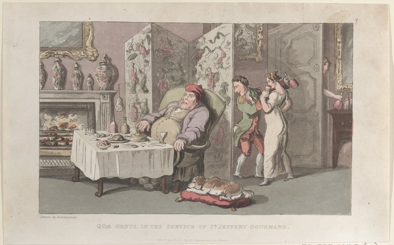 Quae Genus, i tjänst hos Sr Jeffery Gourmand, från The History of Johnny ..., 1 augusti 1821. av Thomas Rowlandson