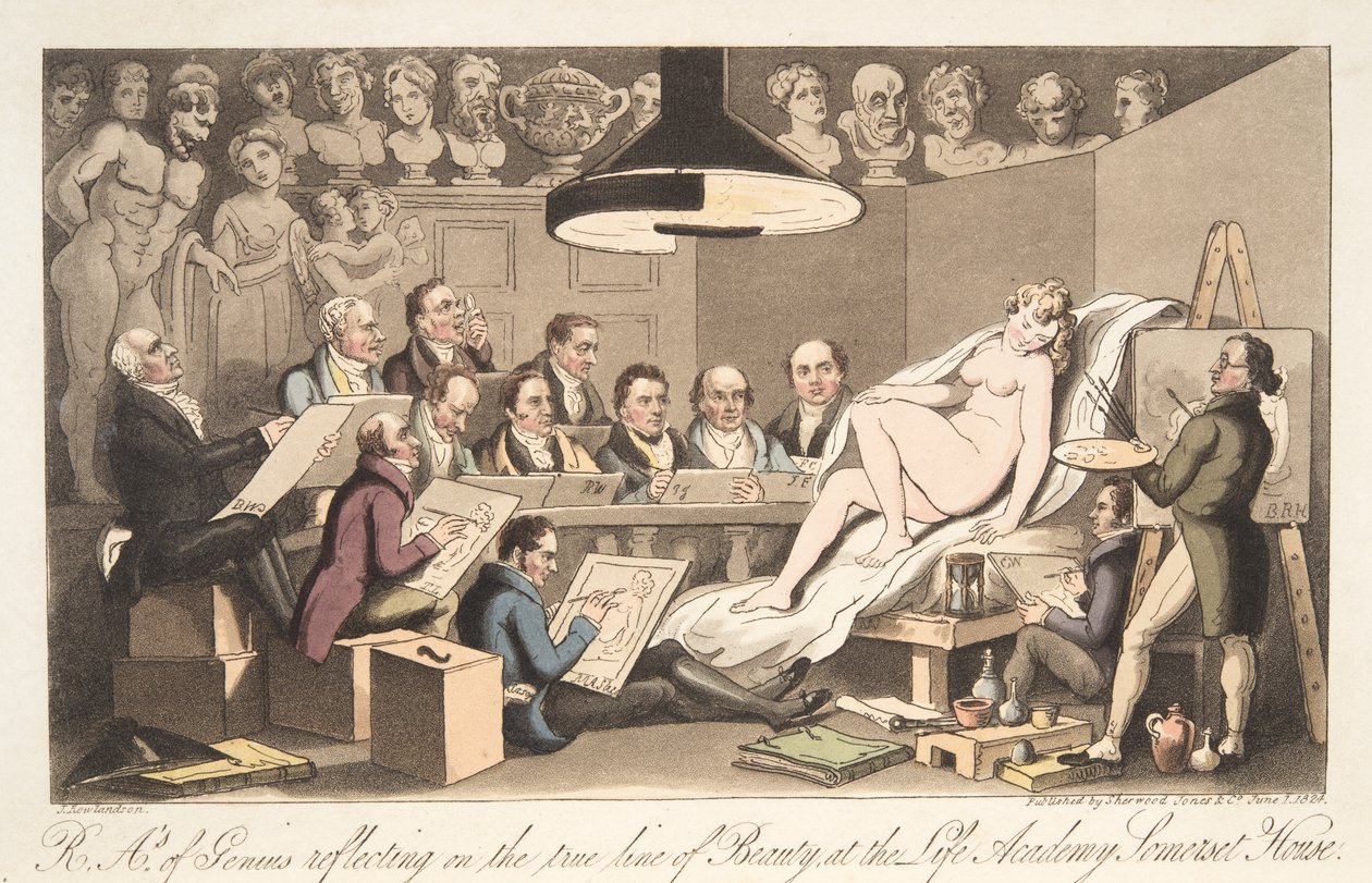 R---A---ys of Genius som reflekterar över skönhetens sanna linje på Life Academy, Somerset House, från The English Spy, pub. 1824 (handfärgad gravyr) av Thomas Rowlandson
