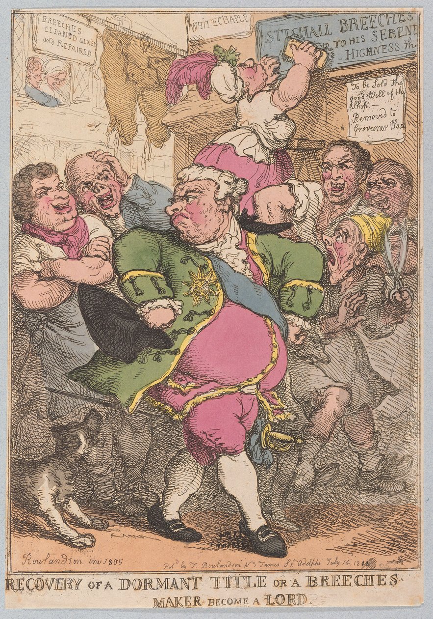 Återvinning av en vilande titel eller en ridbyxtillverkare blir en herre, pub. 1805 (handfärgad gravyr) av Thomas Rowlandson