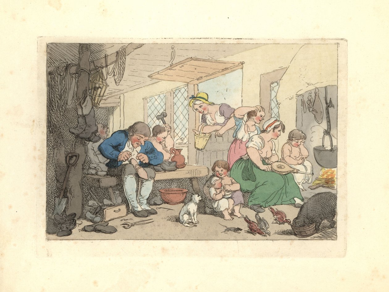 Regency skomakare lagar skor i ett trångt rum. av Thomas Rowlandson