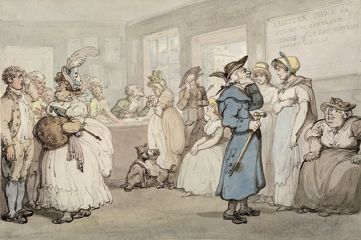 Registerkontoret för anställning av tjänare, c.1805 (penna och bläck med akvarell på papper) av Thomas Rowlandson
