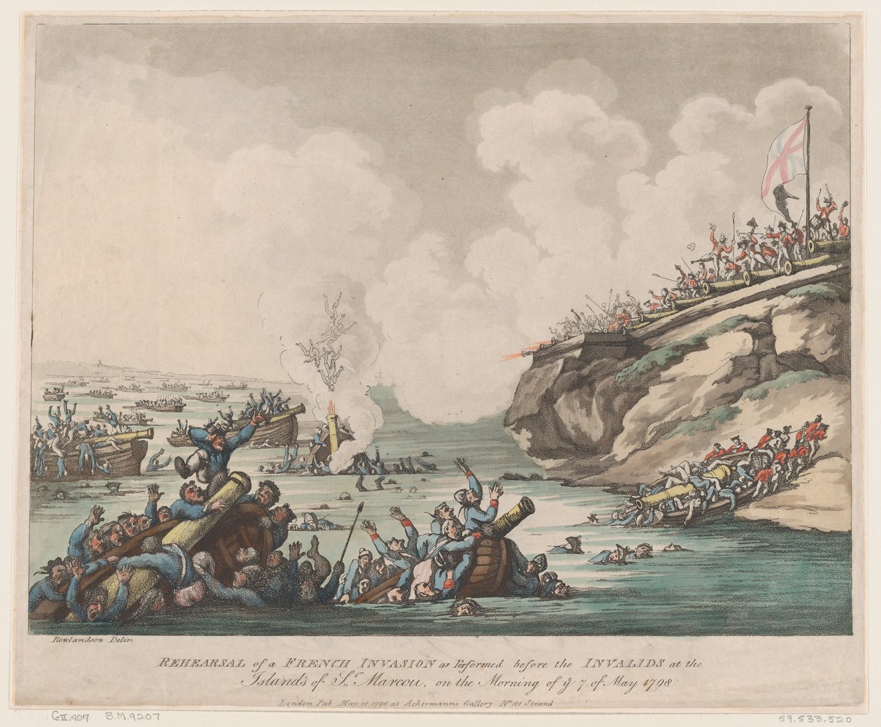 Repetition av en fransk invasion som utfördes inför de invalider på öarna ..., 18 maj 1798. av Thomas Rowlandson