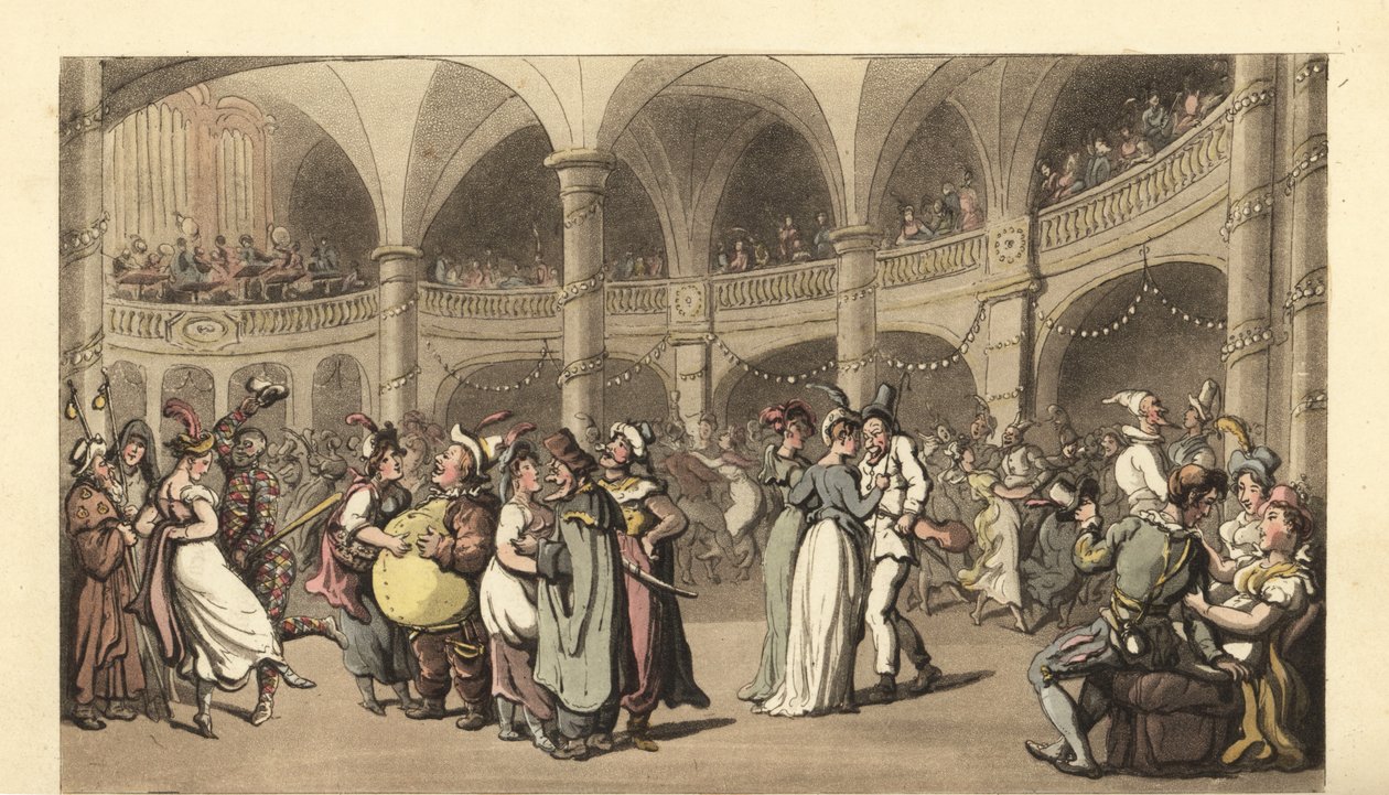Fester i kostym på en maskerad bal i en stor teater av Thomas Rowlandson