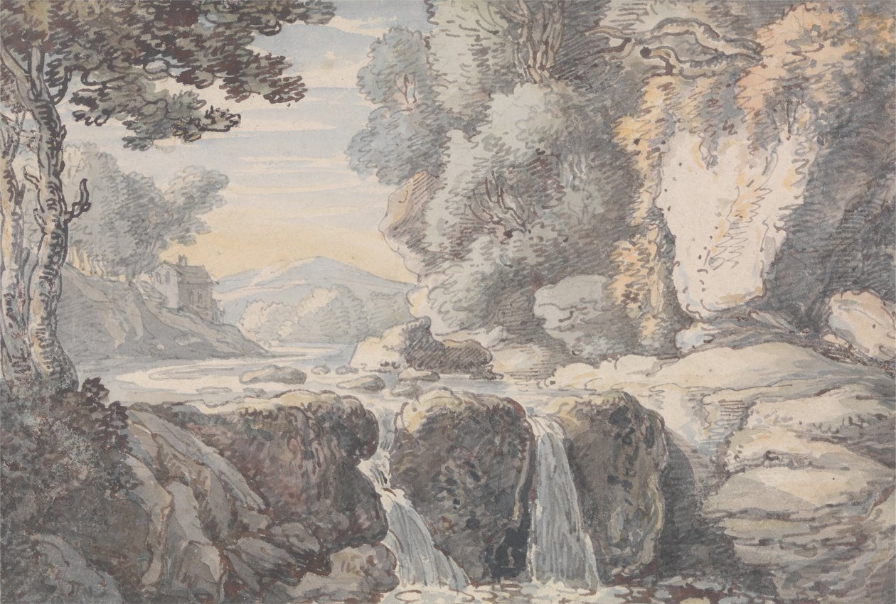 Flodlandskap med ett vattenfall av Thomas Rowlandson