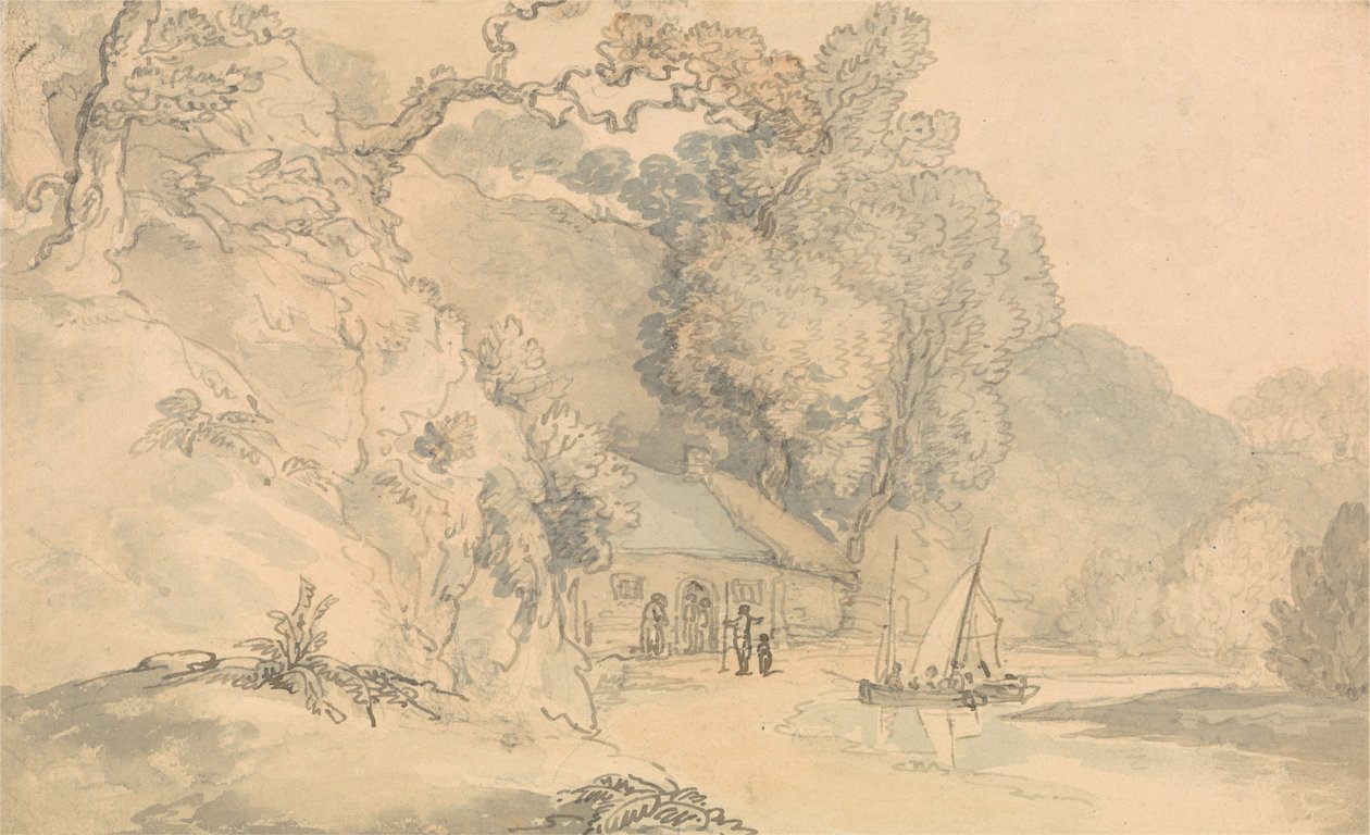 Flodmotiv med små båtar av Thomas Rowlandson