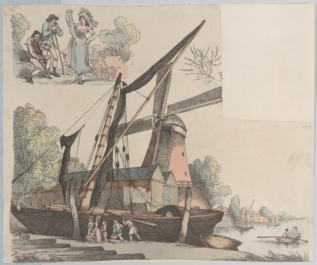Flodscen med väderkvarn från skylt 9, konturer av figurer, landskap och C..., 20 januari 1791. av Thomas Rowlandson