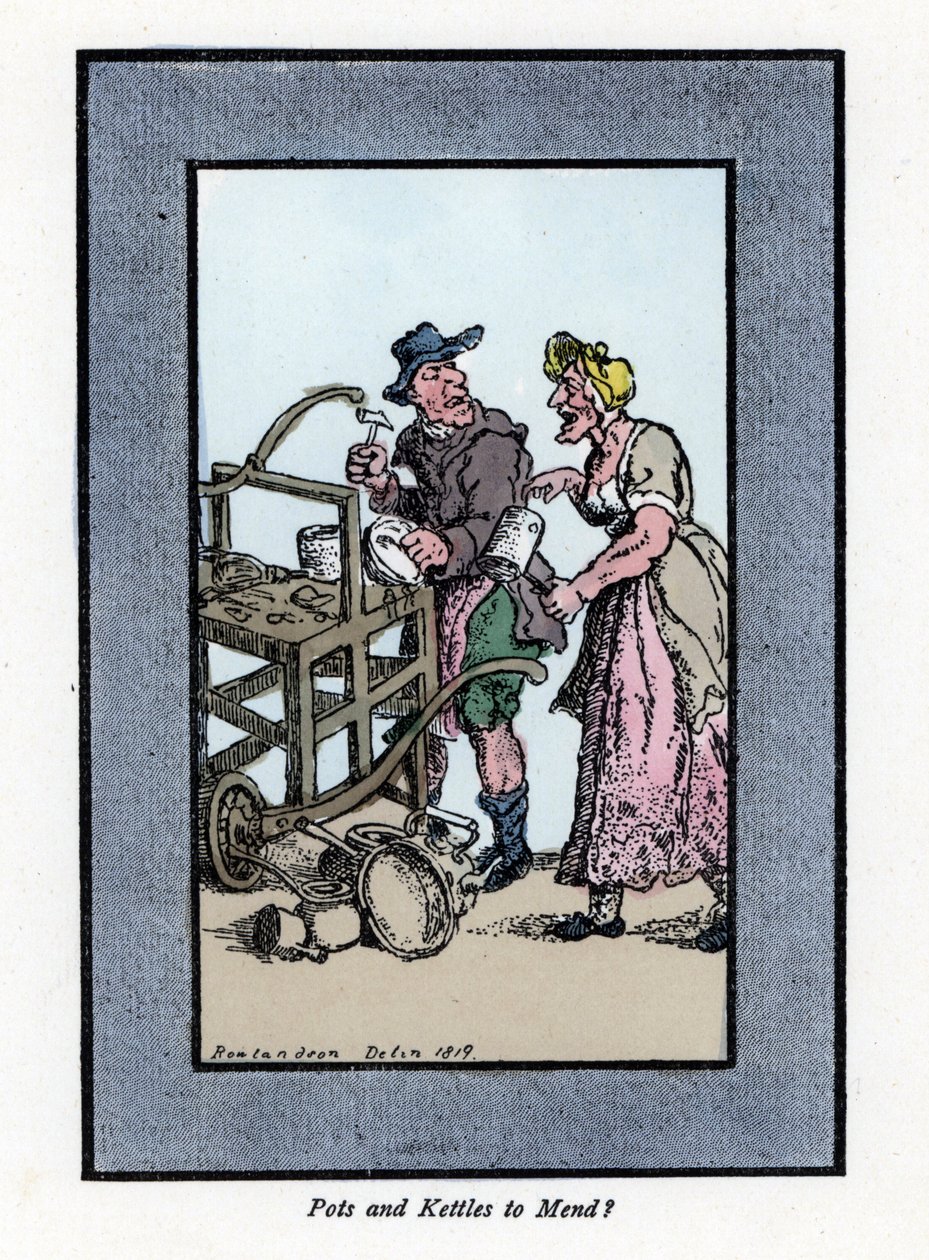 Roaming och klientretamer som visar botten av en kruka. Han slår en metallkruka med en hammare på en bärbar bänk. Trästick, baserad på en målning av Thomas Rowlandson (1756-1827), publicerad i The Cris of London: med sex charmiga barn och nästan 40 i av Thomas Rowlandson