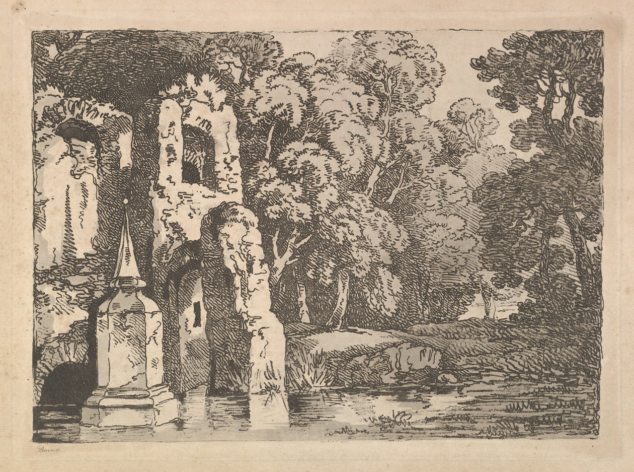 Ruiner bredvid en pool i ett skogslandskap, 1783-84. av Thomas Rowlandson