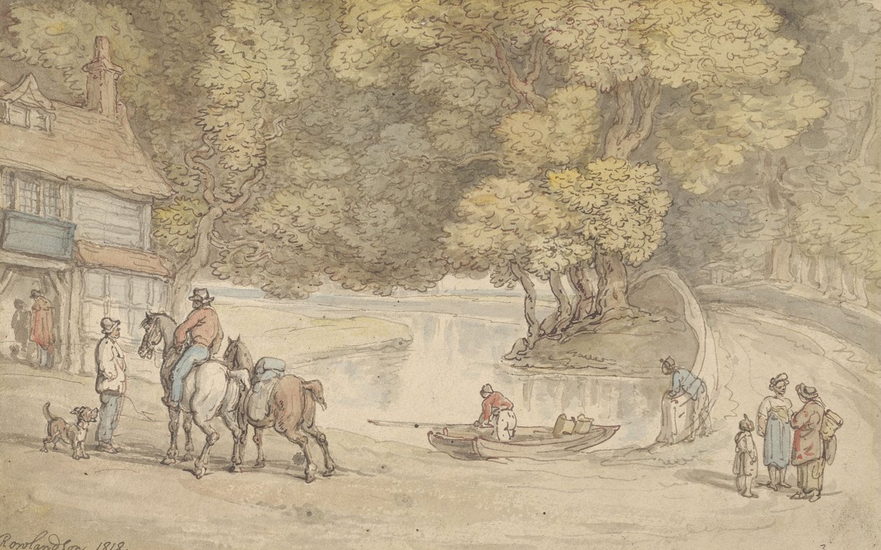 Lantlig vy med en flod och en bro av Thomas Rowlandson