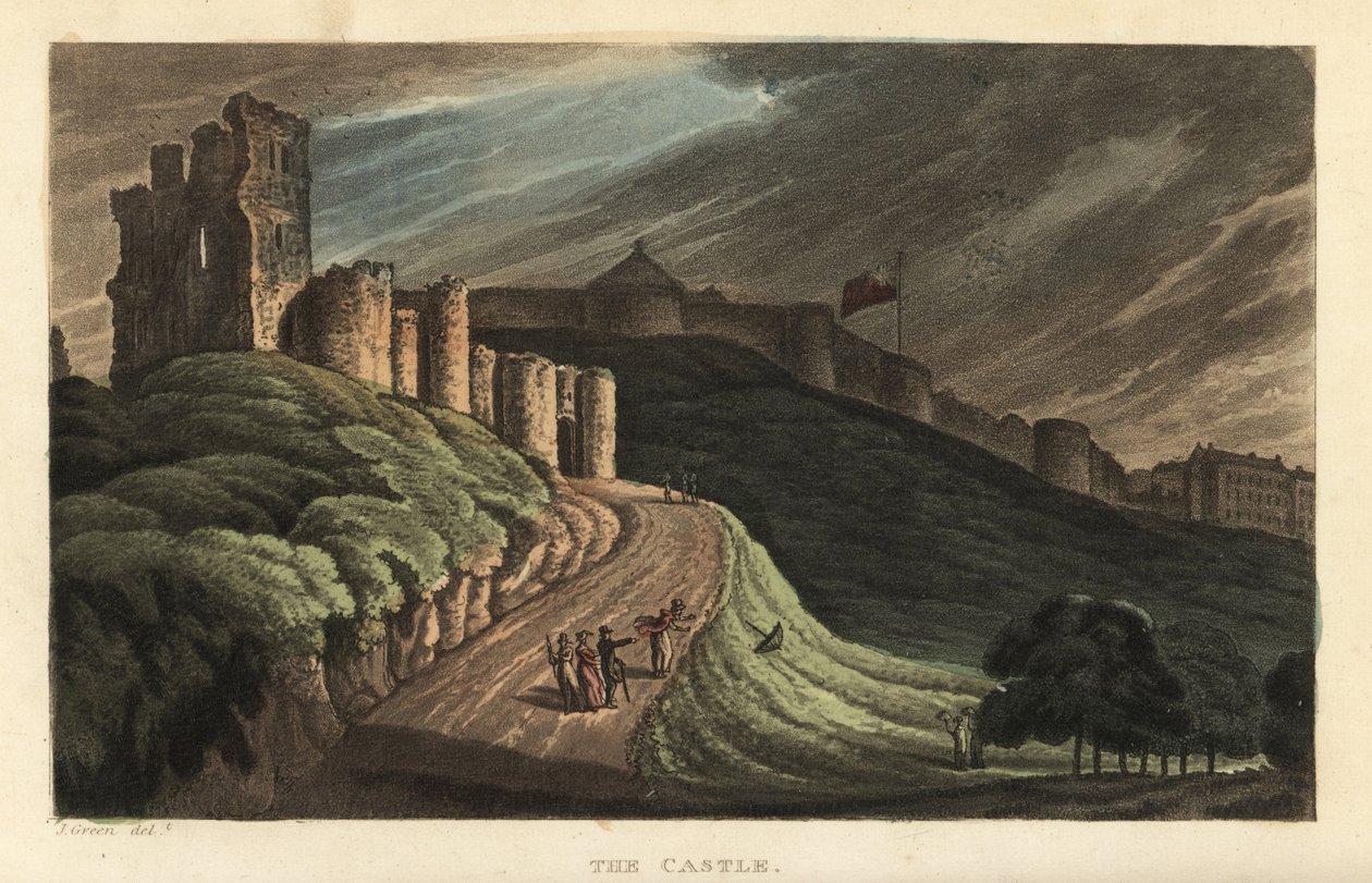 Scarborough Castle: turister som går uppför kullen till stenslottet från 1100-talet. Handkolorerad kopparstick av Thomas Rowlandson efter en skiss av J. Green från Poetical Sketches of Scarborough, Ackermann, London av Thomas Rowlandson