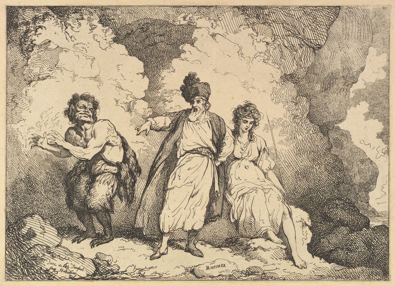 Scen från stormen: Caliban, Prospero och Miranda, [1783-87] återutgiven 1801. av Thomas Rowlandson