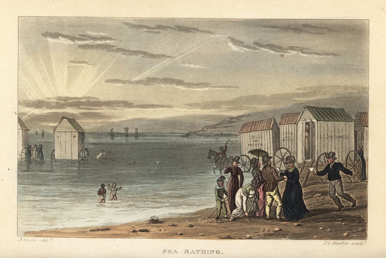 Havsbadning: nakna kvinnor simmar i havet och badmotorer som körs ner i vattnet. Handkolorerad kopparstick av Thomas Rowlandson, akvatint av J.C. Stadler, efter en skiss av J. Green från Poetical Sketches of Scarborough, Ackermann, L av Thomas Rowlandson
