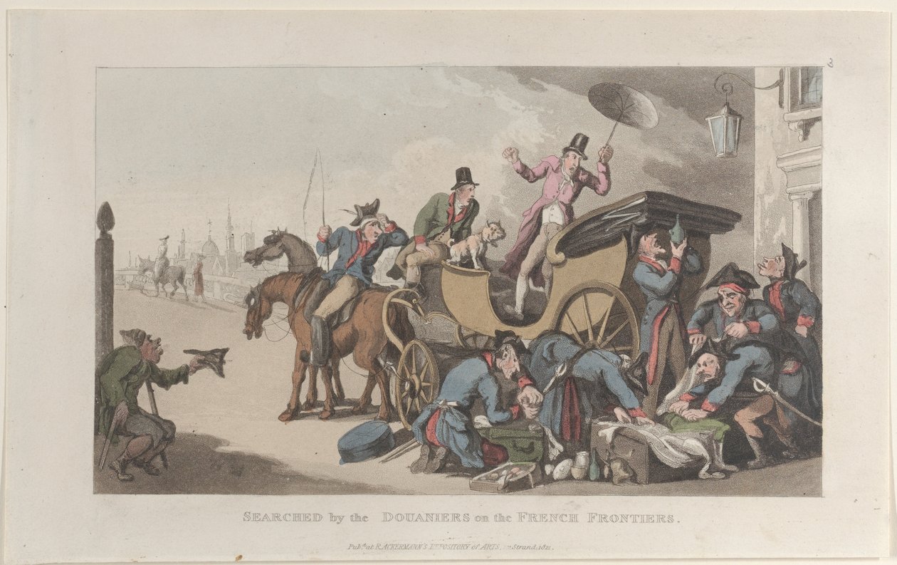 Sökt av Douaniers on the French Frontiers, från Journal of Sentimental Travels in..., 1821. av Thomas Rowlandson
