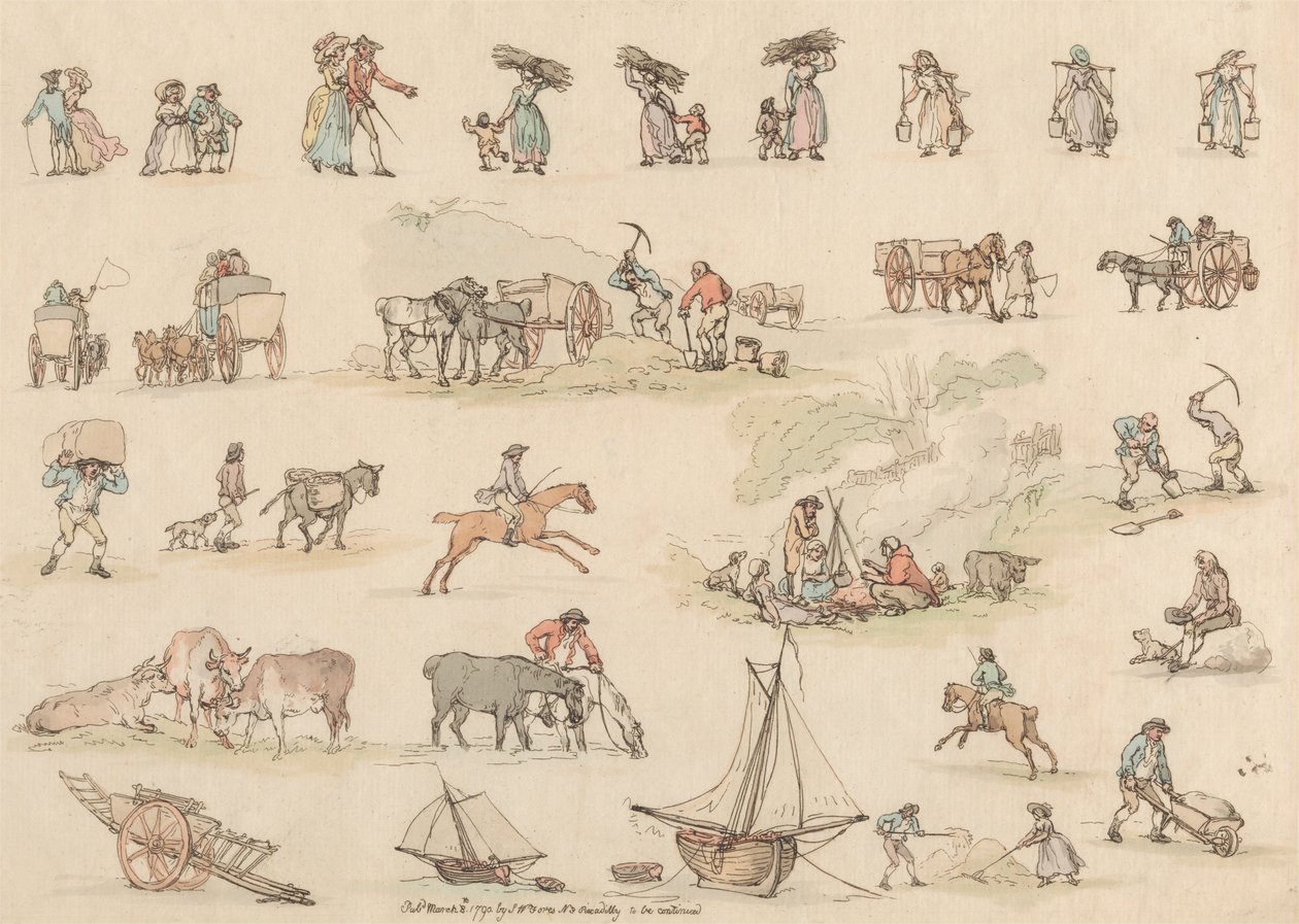 Set om sexton: konturer av figurer och landskap av Thomas Rowlandson