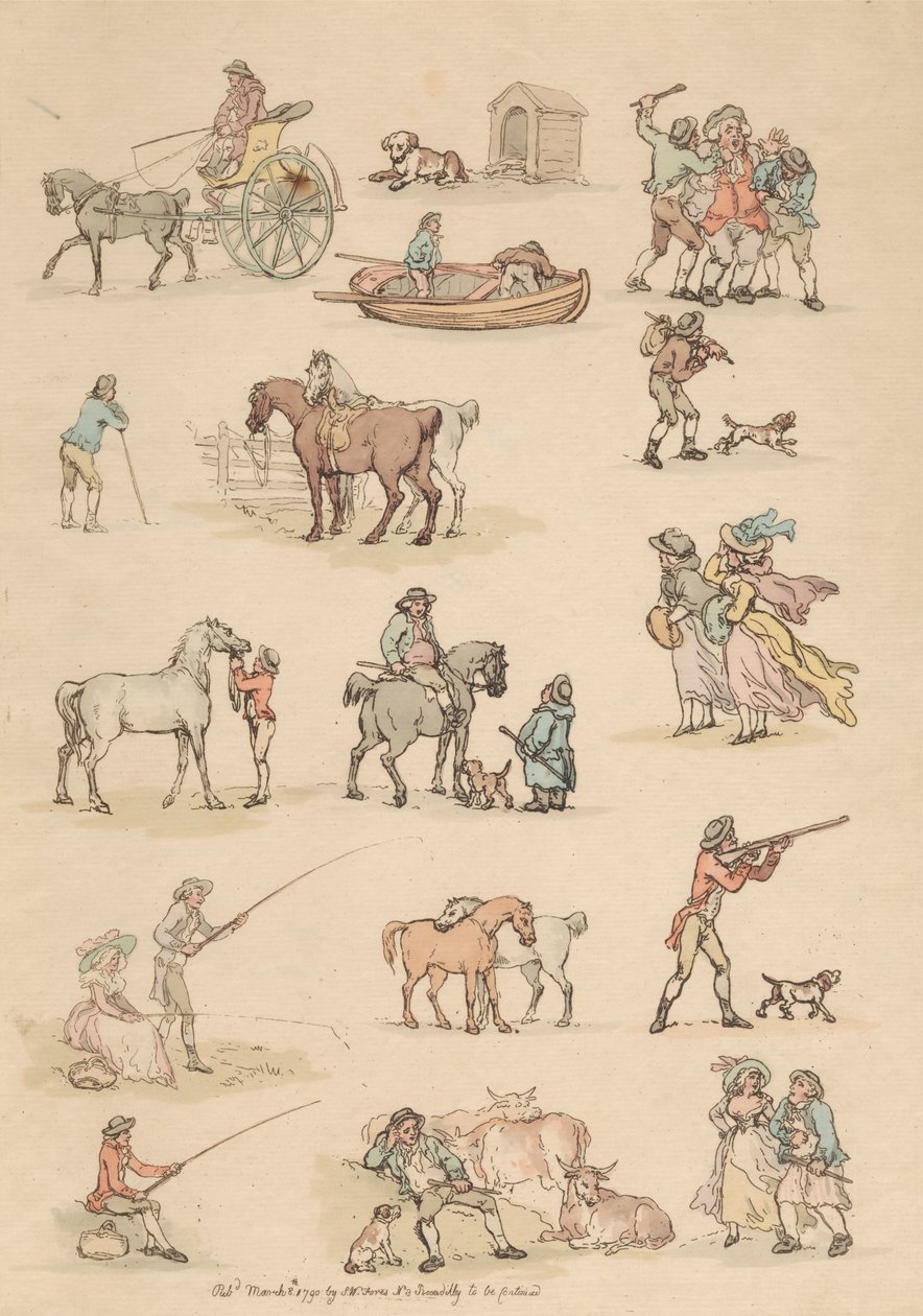 Set om sexton: konturer av figurer och landskap av Thomas Rowlandson
