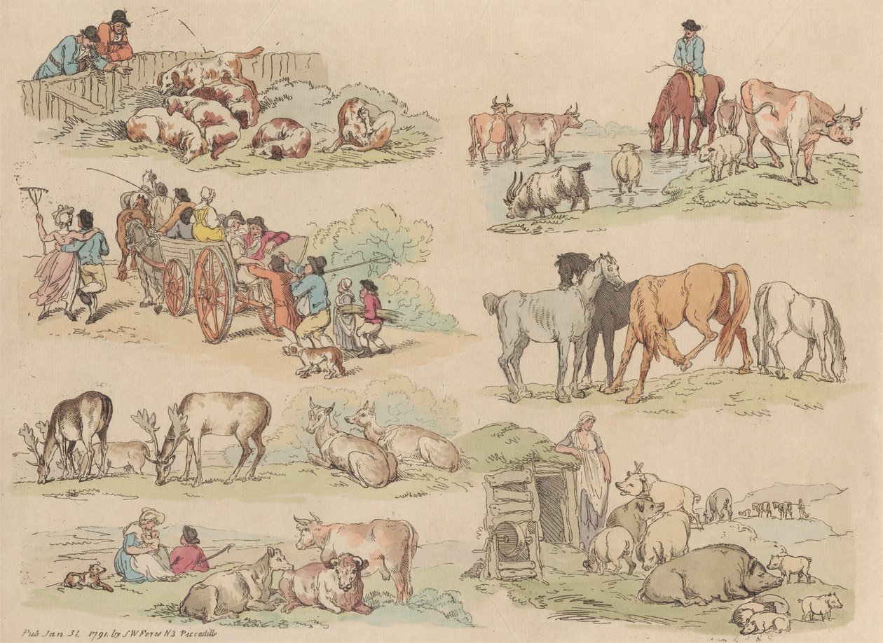 Set om sexton: konturer av figurer och landskap av Thomas Rowlandson