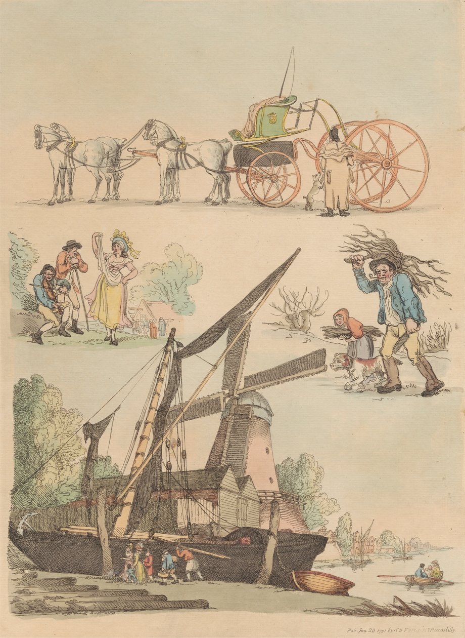 Set om sexton: konturer av figurer och landskap av Thomas Rowlandson