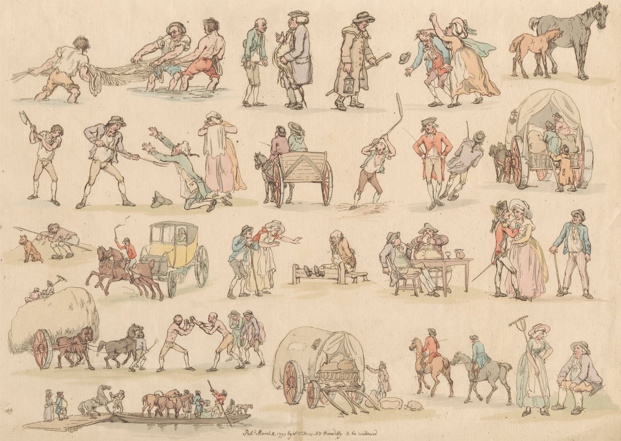 Set om sexton: konturer av figurer och landskap av Thomas Rowlandson