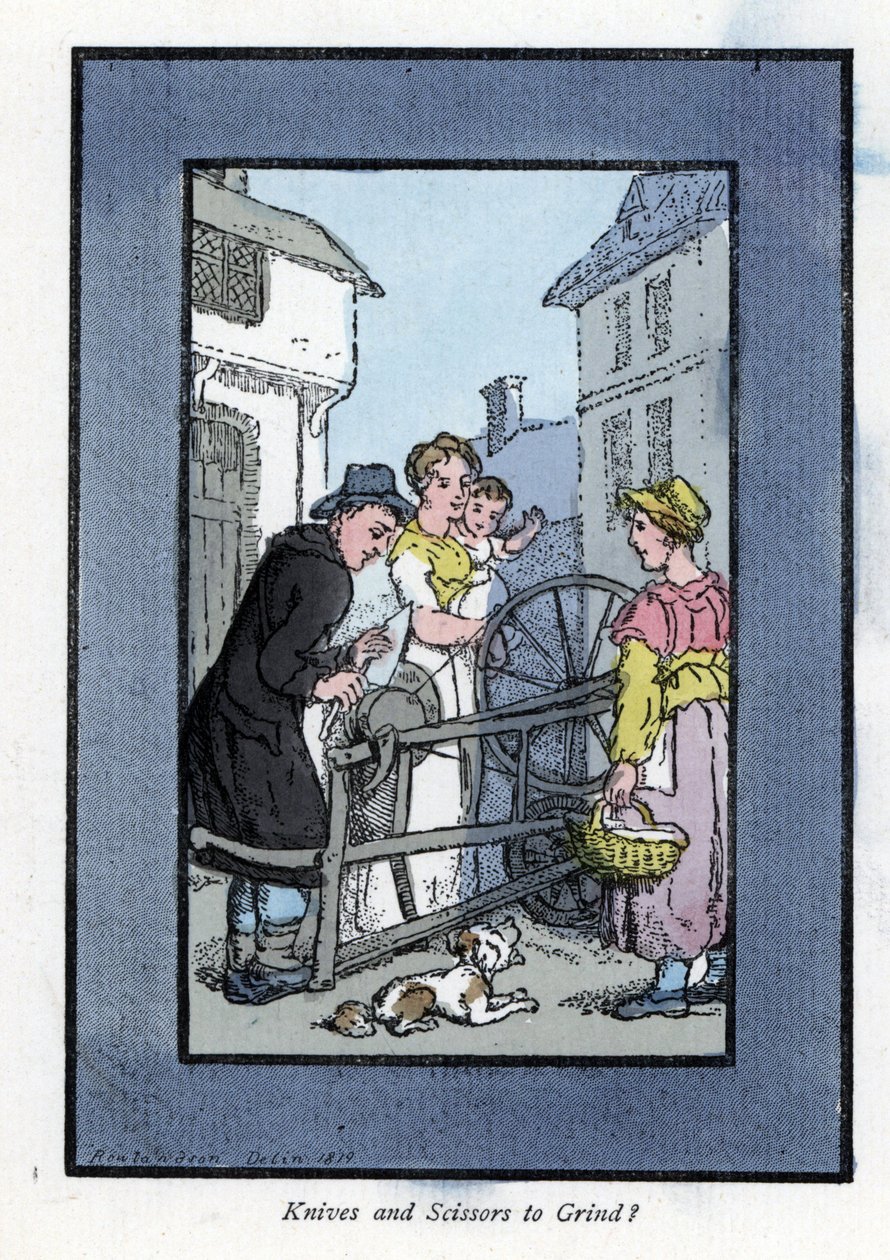 Slipare slipar en kniv på sin slipskiva, med sina kunder (1819). Trägravyr, baserad på en målning av Thomas Rowlandson (1756-1827), publicerad i The Cris of London: med sex charmiga barn och nästan 40 illustrationer, av Andrew Tuer, Fiel av Thomas Rowlandson