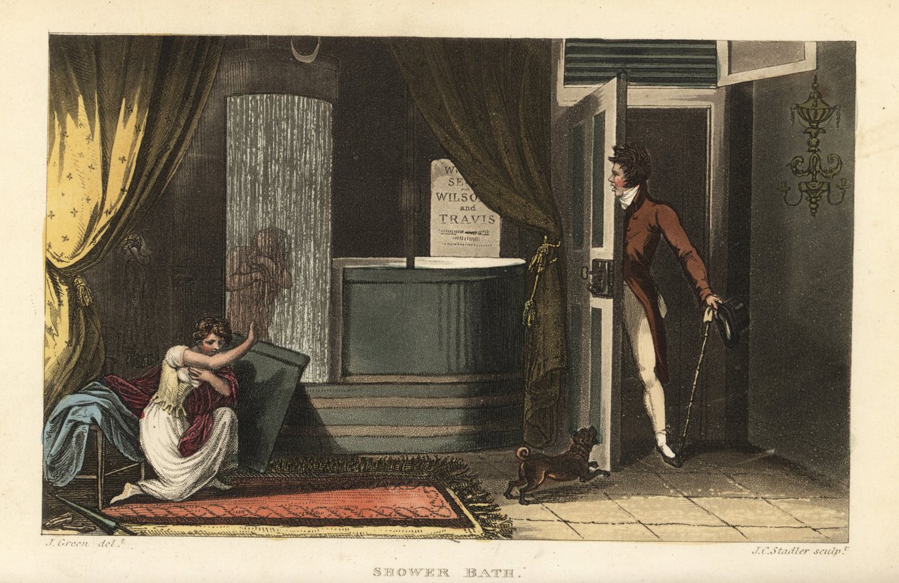 Duschbad: kvinnor som tar en kalldusch i ett badrum och döljer sin blygsamhet för en manlig inkräktare av Thomas Rowlandson