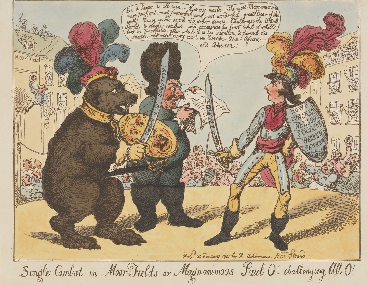Enmansduell i Moorfields, eller den storsinnade Paul O! – Utmanar alla O! (ur: Caricature, vol. 4) av Thomas Rowlandson