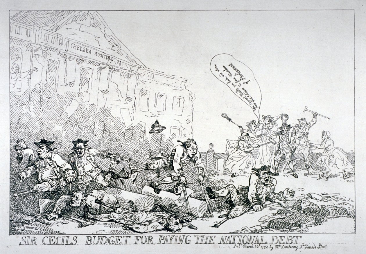 "Sir Cecils budget för att betala statsskulden", 1874. av Thomas Rowlandson