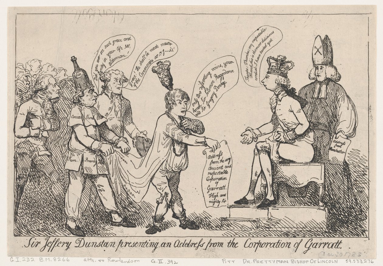 Sir Jeffery Dunstan framför ett tal från Garratt-kommunen av Thomas Rowlandson