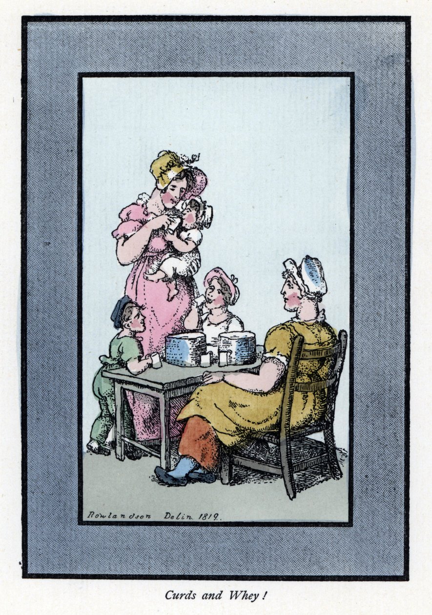 Sittande kvinna som säljer vaktelmjölk och mjölk har en mor och barn (1819). Trägravyr, baserad på en målning av Thomas Rowlandson (1756-1827), publicerad i The Cris of London: med sex charmiga barn och nästan 40 illustrationer, av Andrew Tuer, Field av Thomas Rowlandson