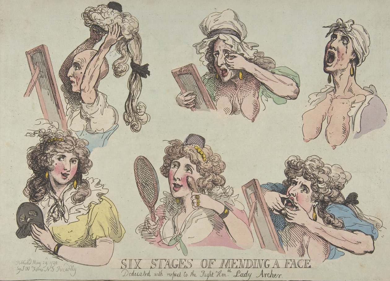 Sex stadier av att laga ett ansikte, tillägnad den rätta hedern. Lady Ar..., 29 maj 1792. av Thomas Rowlandson