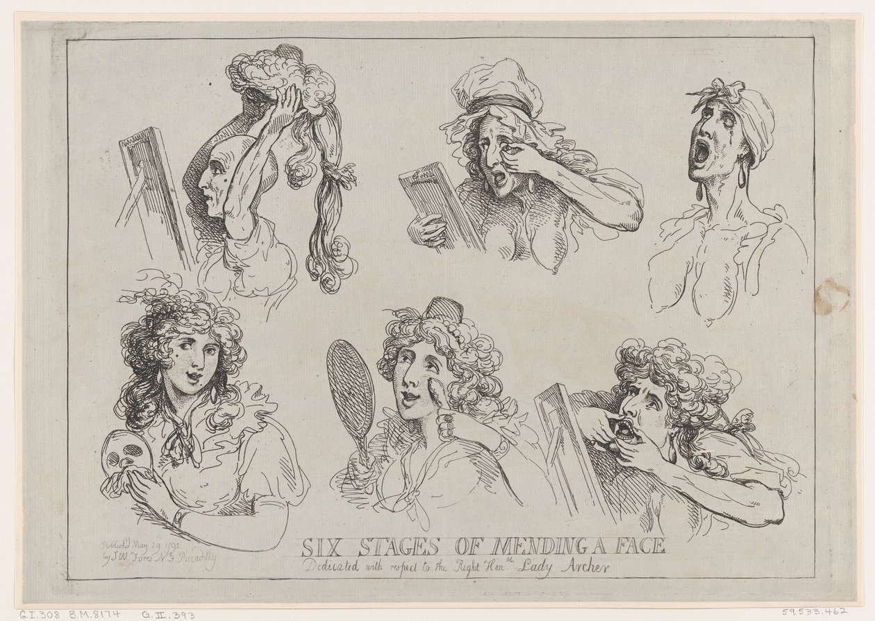 Sex stadier av att laga ett ansikte, tillägnad den rätta hedern. Lady Ar..., 29 maj 1792. av Thomas Rowlandson