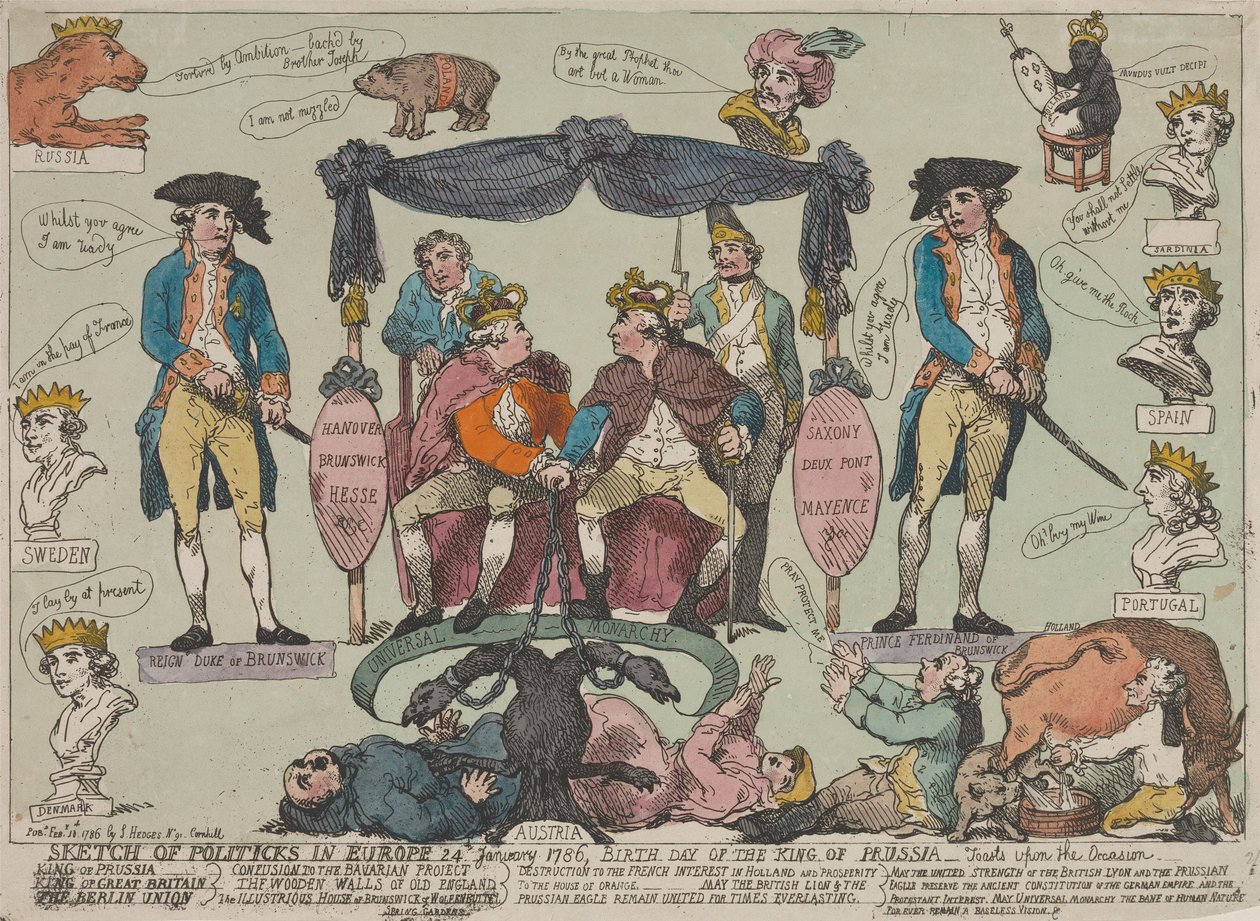 Politisk översikt över Europa, 24 januari 1786 – Preussens kungs födelsedag--- av Thomas Rowlandson