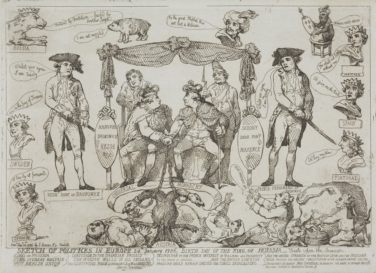 Politisk översikt över Europa, 24 januari 1786 – Preussens kungs födelsedag av Thomas Rowlandson