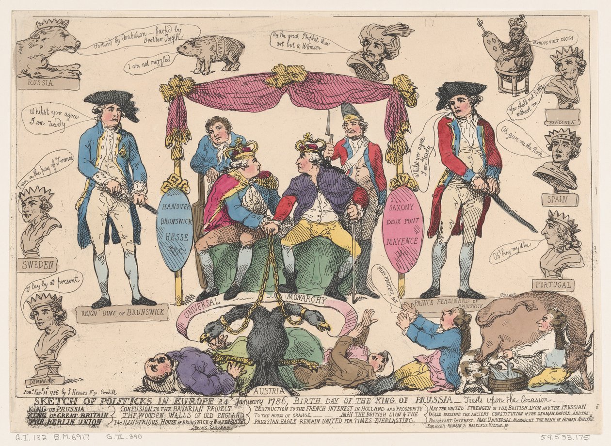 Skiss av Politiks i Europa, födelsedagen för kungen av Preussen, 10 februari 1786., 10 februari 1786 av Thomas Rowlandson