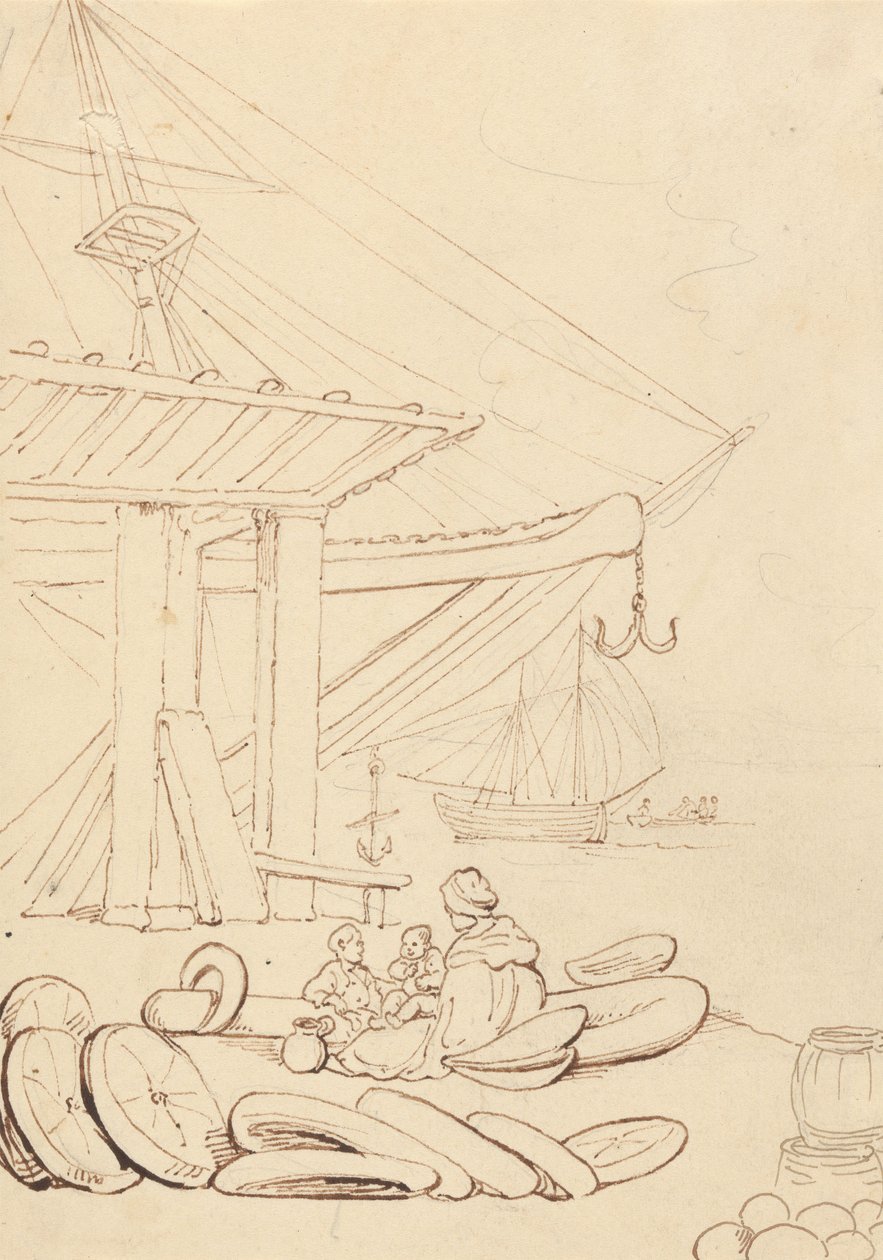 Skiss av en kvinna och barn som sitter på en lastkaj av Thomas Rowlandson