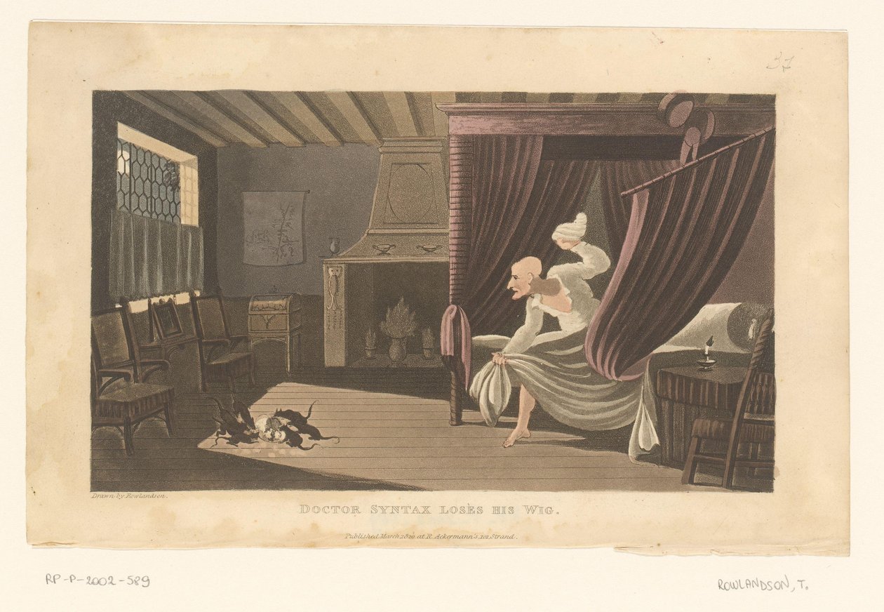 Sovrum med råttor som äter upp Doctor Syntax peruk av Thomas Rowlandson
