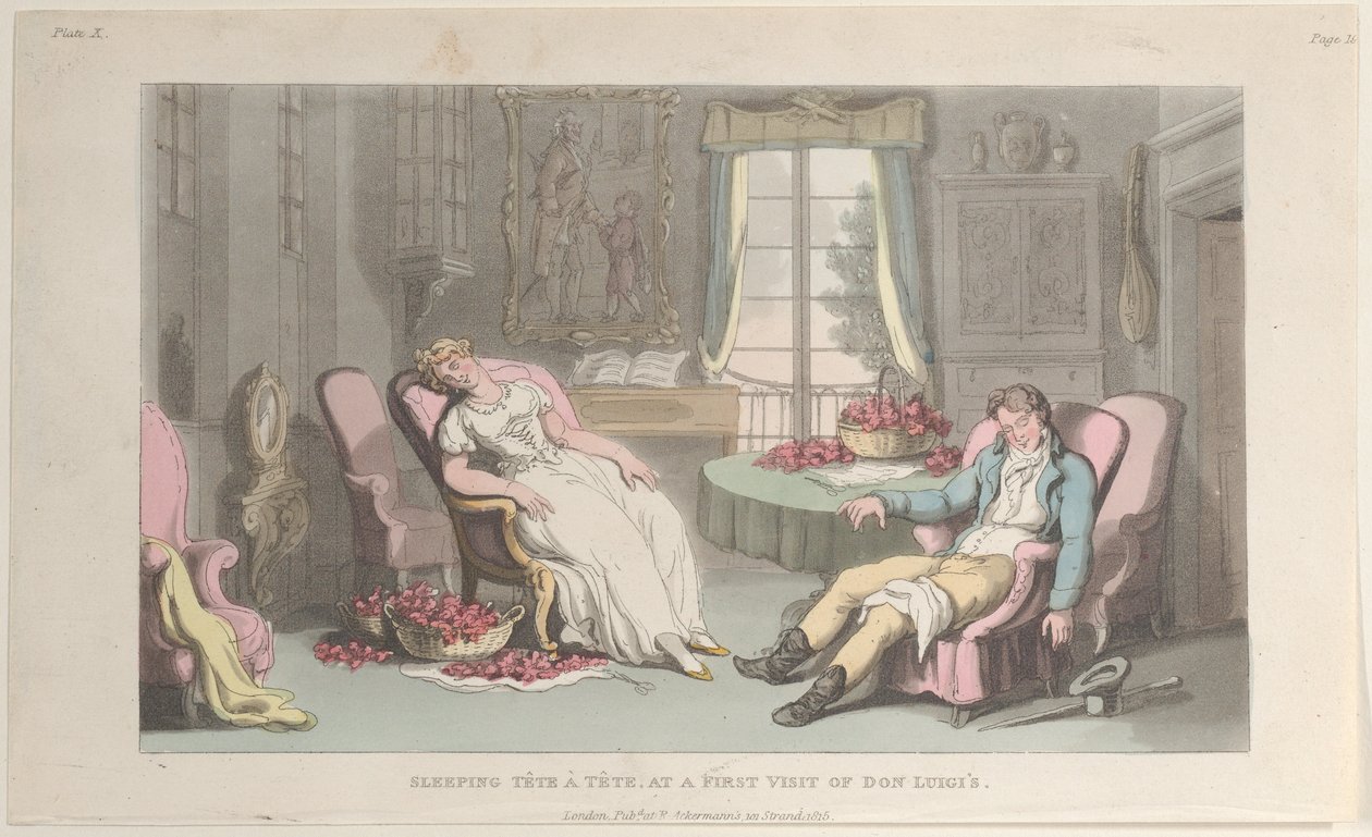 Sleeping Tête à Tête, vid ett första besök av Don Luigi, från Neapel och Campag..., 1 juni 1815. av Thomas Rowlandson
