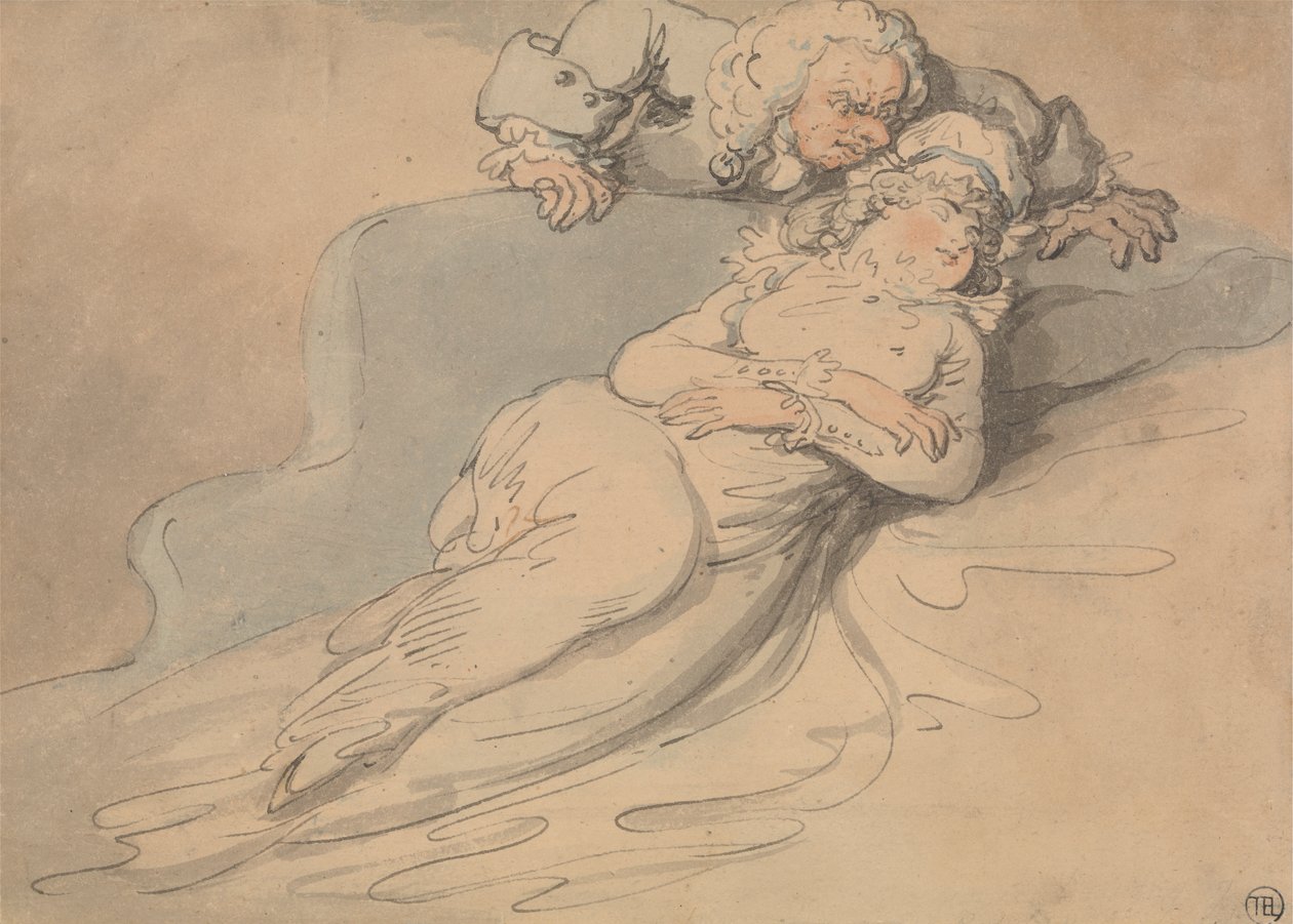 Sovande kvinna bevakad av en man av Thomas Rowlandson