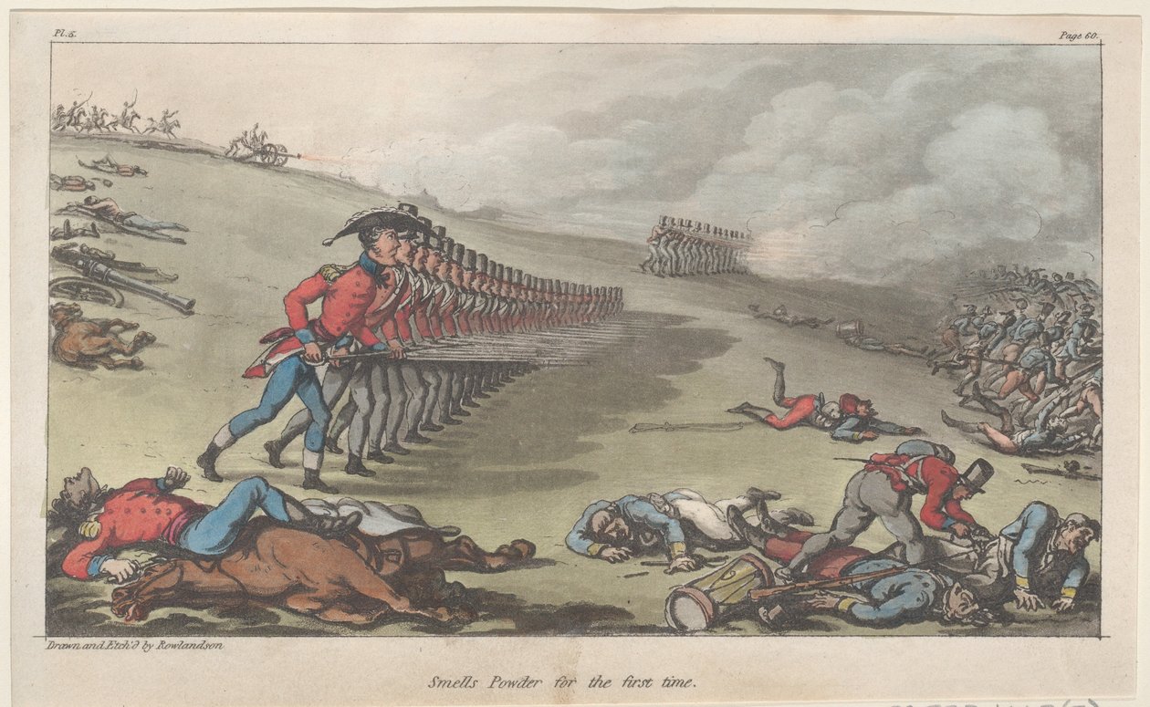 Smells Powder för första gången, från The Military Adventures of Johnny Newcome, 1815., 1815. av Thomas Rowlandson