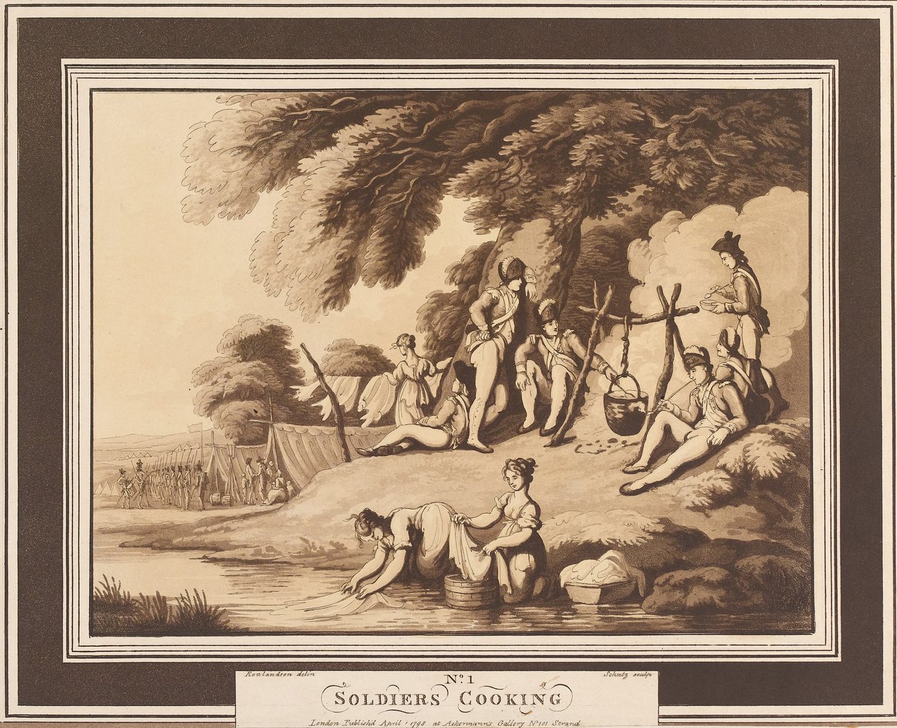 "Soldiers Cooking", ca 1798 (akvatint, sepia) av Thomas Rowlandson