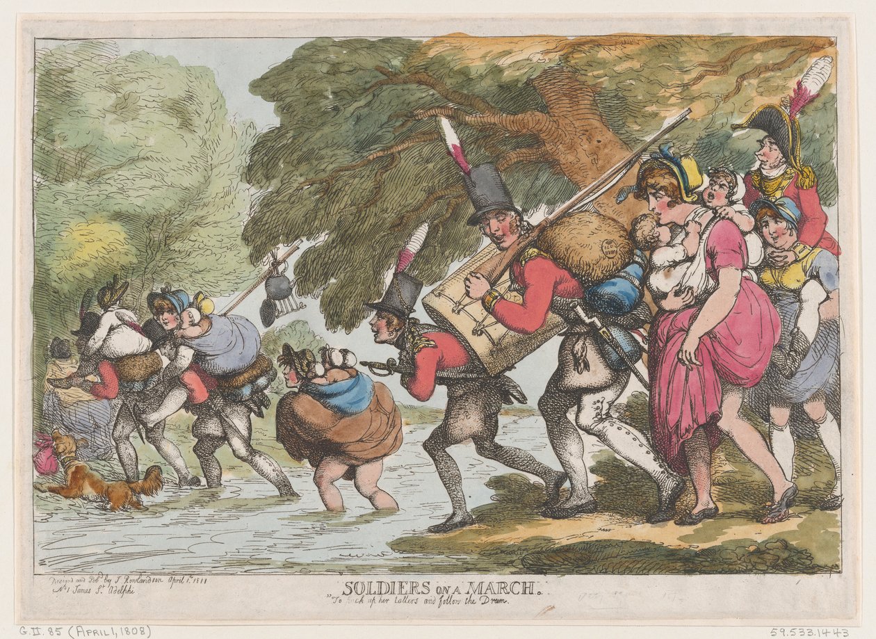 Soldater på en mars 1 april 1808., 1 april 1808. av Thomas Rowlandson