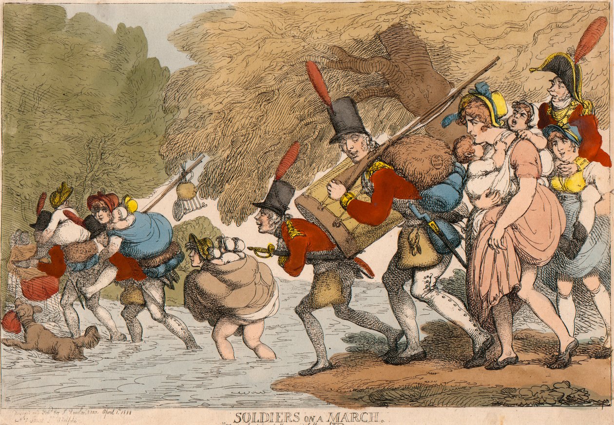 Soldater på en mars: "Att packa ihop sina trasor och följa trumman" av Thomas Rowlandson