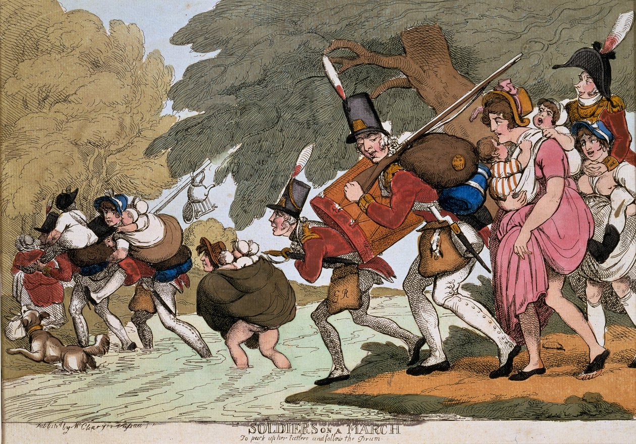Soldater på marsch, gravyr av G.M.Woodward, publicerad 1811 (färgerad etsning) av Thomas Rowlandson